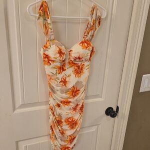 Windsor Cream Midi Dress with Orange Floral Print